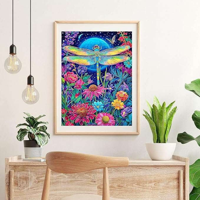 igoodom Diamond Art Kits for Adults, Flowers Dragonflies Diamond Painting Kit, Full Drill Round Diamond Art Kits, DIY Gem Art and Crafts for Home Wall Decor Gift 12x16inch