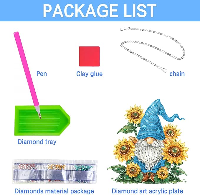 VAIIEYO Dwarf Gnome Diamond Art Hanging Ornament, Sunflower Diamond Painting Suncatchers Window Hanging Kit with Chain, 7.5x7.5 inch Crystal Pendant Art Craft for Gift Home Wall Front Door Decoration