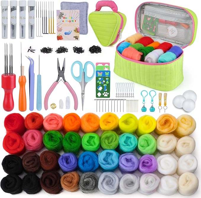 Needle Felting Kit for Beginners, Wool Roving 40 Rolls, Felting Needles, Needle Felting Tools Kit with Spiral, Cone, Triangle Felting Needles,Wool Felting Pad, Felting Supplies