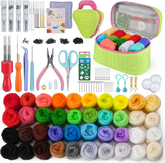 Needle Felting Kit for Beginners, Wool Roving 40 Rolls, Felting Needles, Needle Felting Tools Kit with Spiral, Cone, Triangle Felting Needles,Wool Felting Pad, Felting Supplies