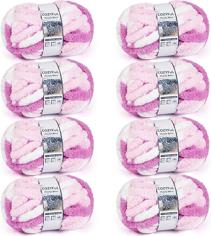 Chunky Yarn for Hand Knitting - #10 Chunky Chenille Blanket Yarn, Jumbo Big Thick Chunky Yarns for Crocheting, Tie Dye Bulky Knit Yarns, 8 Skein (25 yds 8 oz Each Skein), White & Pink & Rose