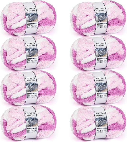 Chunky Yarn for Hand Knitting - #10 Chunky Chenille Blanket Yarn, Jumbo Big Thick Chunky Yarns for Crocheting, Tie Dye Bulky Knit Yarns, 8 Skein (25 yds 8 oz Each Skein), White & Pink & Rose