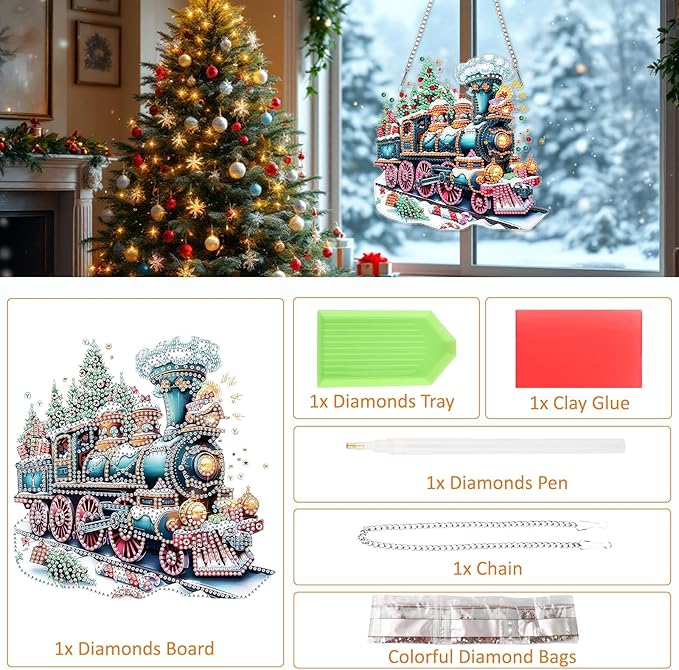 SENQAO Christmas Diamond Art Hanging Kits for Adults Kids, Christmas Train Diamond Art Suncatchers, 5D Special Shape Diamond Painting Pendant Window Ornament Gifts for Home Door Wall Decor