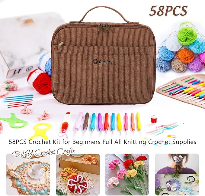 MYBAGZING Crochet Kit for Beginners with Yarn Storage Bag, 10pcs Crochet Hooks 2.0-6.0 mm, 10 Skeins Yarn for Crocheting, Knitting Accessories, 58pc Crochet Starter Kit for Adults