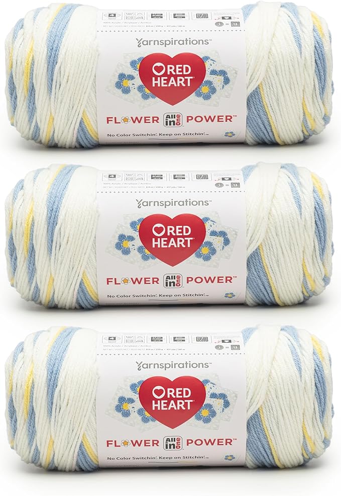 Red Heart All in ONE Flower Power Forget me not Yarn - 3 Pack of 8.8oz/250g - 100% Acrylic - #4 Worsted (Medium) - 440 Yards - Knitting/Crochet