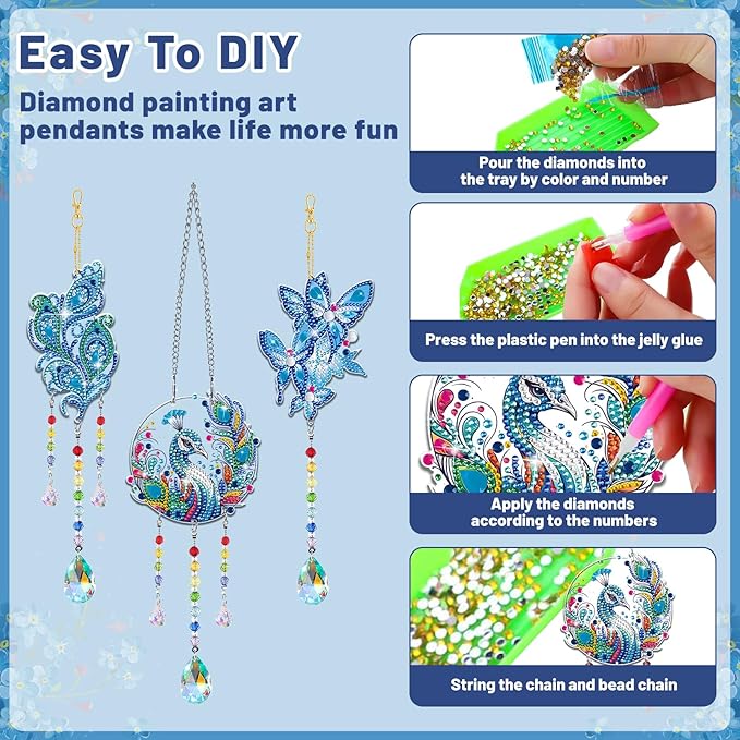 Arts and Crafts for Girls Ages 6-12, DIY Diamond Painting Kits for Kids Teens Adults, Birthday Gifts for 6 7 8 9 10 11 12 Year Old Girls, Peacock Butterfly Feather Wind Chimes for Home Garden Decor