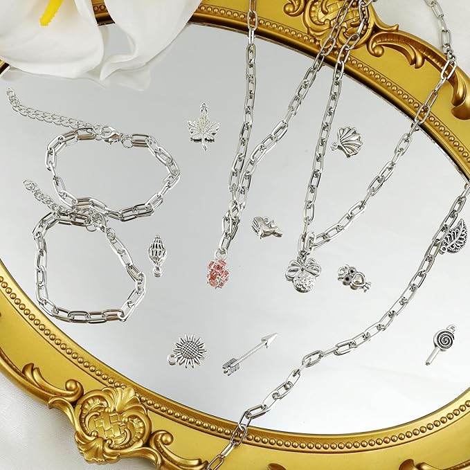 20 Pcs 18K Silver Plated Necklace Bracelet Chain Kit, Paperclip Alloy Link Fit Clip on Charm, Charm Bracelet Necklace Kit for Women DIY Jewelry Making (Silver)
