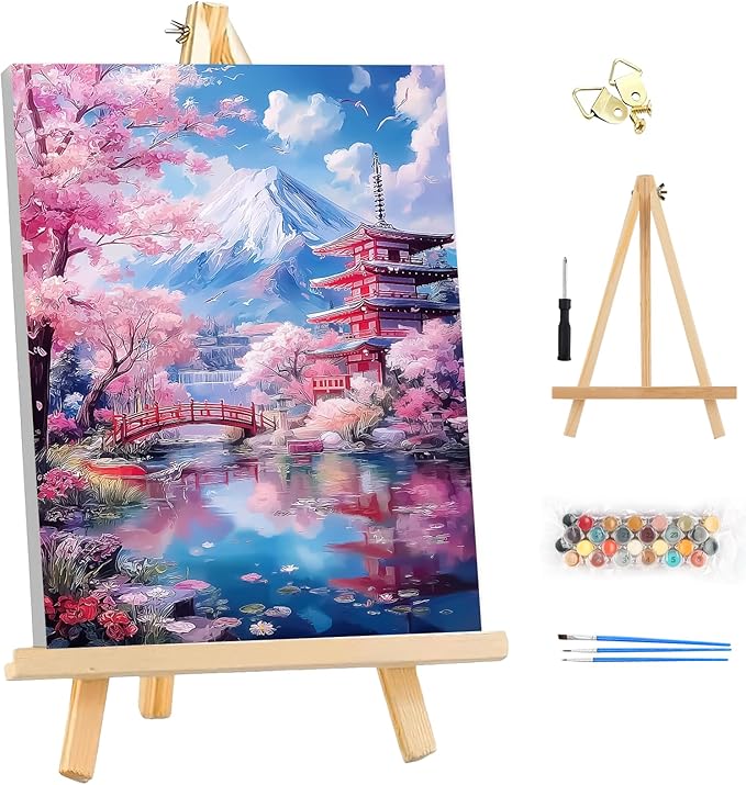 EOBROMD Framed Paint by Numbers Kits for Adults - Wooden Easel, Japanese scenery DIY Painting Kits for Adults Beginner, Painting on Stretched Canvas Oil Paint by Numbers for Home Decor Gift 10x14 Inch