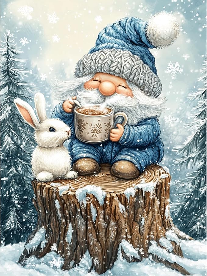 DIYDECORFUN Gnome Diamond Art Kits for Adults,5D Diamond Art Painting for Beginner,Full Round Drills Winter Forest Painting with Diamonds,DIY Crafts Rabbit Gem Art for Wall Decor 12 X 16 in