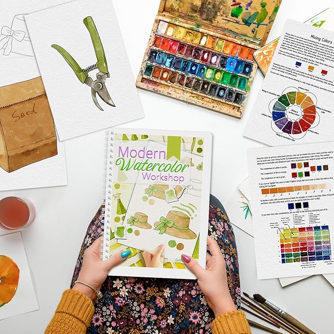Watercolor Workbook, Watercolor Workbook Paint Book Beginner Friendly, 12 Different Patterns Stress-Relieving Art Crafts for Creative Exploration Gift for Women Adults Teens (Garden, 1)