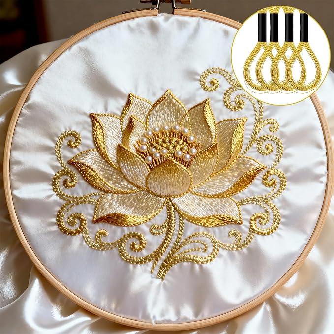 12 Skeins Metallic Embroidery Thread, Embroidery Floss Metallic Thread Glitter Threads String Cross-Stitch Threads for Sewing Making Yarn Hand Accessories(Gold)