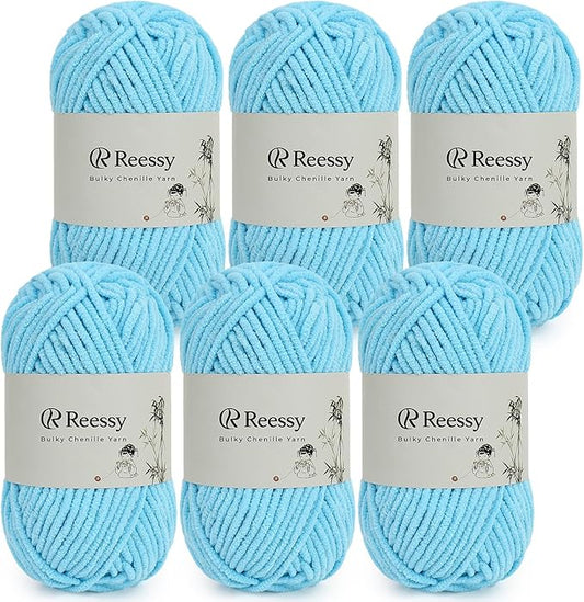 Bulky Chenille Yarn for Crocheting – 6 Pack of 50g/1.76oz Skeins, Pure Polyester, CYC #5 Bulky Weight – Ultra Soft Chenille Yarn Pack for Crafting Plush Toys, Blankets, Scarves(Sky Blue)