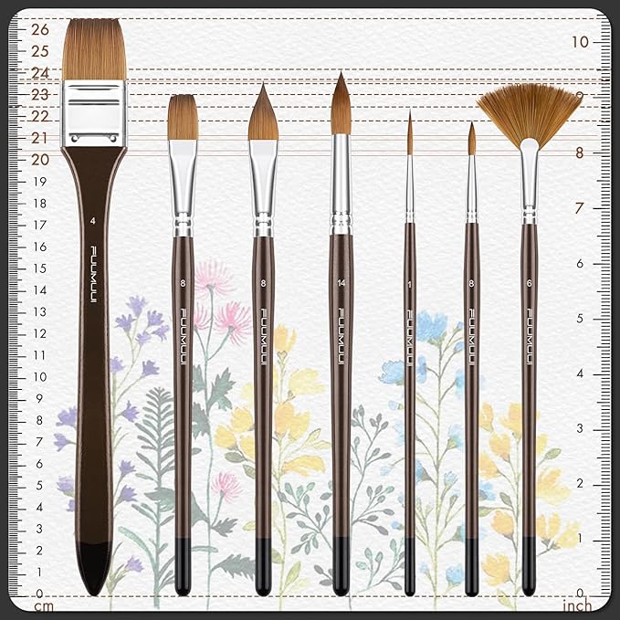 Sable Watercolor Brushes Professional, Fuumuui 7Pcs Sable Brush Set Variety Shapes with Flat, Round Pointed, Cat's Tongue Oval Wash Fan Brush Perfect for Watercolor Gouache Inks Painting