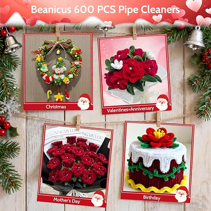 beanicus 600 PCS Valentine's Day Pipe Cleaners Craft, Pipe Cleaners Flowers Kit, Rose Flowers DIY Chenille Stems, Green and Red Pipe Cleaners, Valentines Day Rose Kit, Vday Decoration