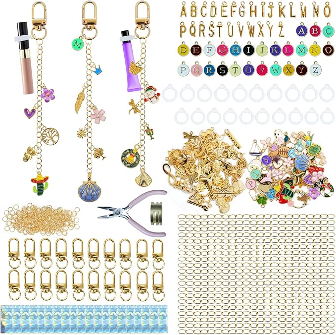 LEIOSAGN 474Pcs Lip Gloss Keychain Jewelry Making Kit with 20 Keychain Clips, 20 Extender Chains, 20 Silicone Rings, 152 Mixed Charms, Jump Rings, Plier, Resealable Pouch Bags, DIY Craft Supplies