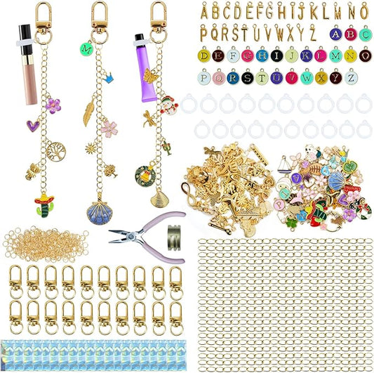 LEIOSAGN 474Pcs Lip Gloss Keychain Jewelry Making Kit with 20 Keychain Clips, 20 Extender Chains, 20 Silicone Rings, 152 Mixed Charms, Jump Rings, Plier, Resealable Pouch Bags, DIY Craft Supplies