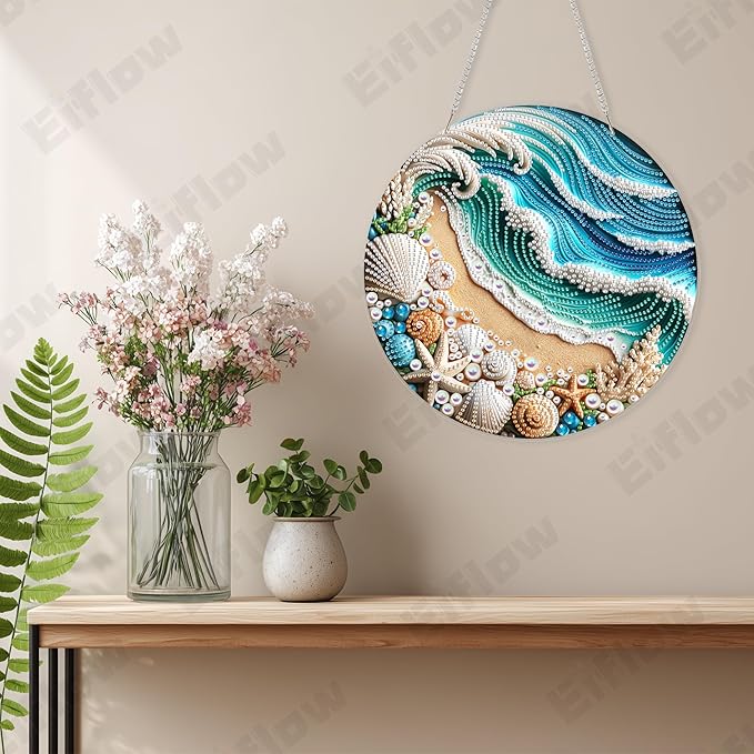 Eiflow Acrylic Diamond Art Hanging Kit for Adults, DIY Diamonds Painting Door Hanging Board Kit, Special Crystal Diamond Art Painting Pendant Ornament (Beach)