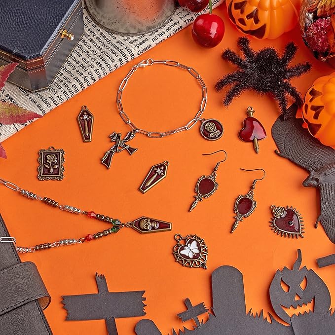 WEWAYSMILE 18Pcs Halloween Charm Pendant & Earring Making Kit - Skull, Heart, Cross Jewelry DIY Necklace, Bracelet, Earring Accessories