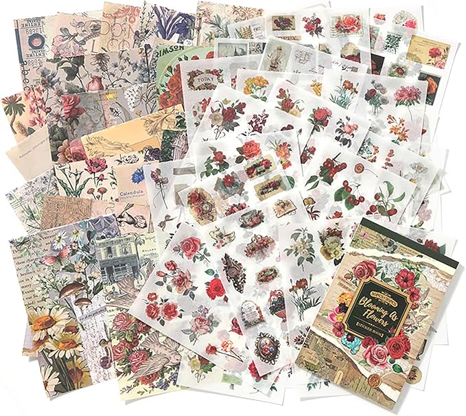 Vintage Flowers Scrapbook Stickers with 400 Pre-Cut journaling Sticker 20 Scrapbook Paper washi Stickers for Journaling Floral Scrapbooking Sticker