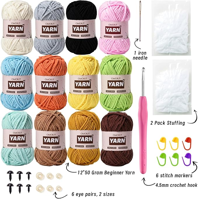 Chenille Velvet Yarn - 12 Pack Baby Yarn Set for Crocheting & Amigurumi - 600g (787yd), Crochet Hooks, Stitch Markers, Fluffy Stuffing, Accessories