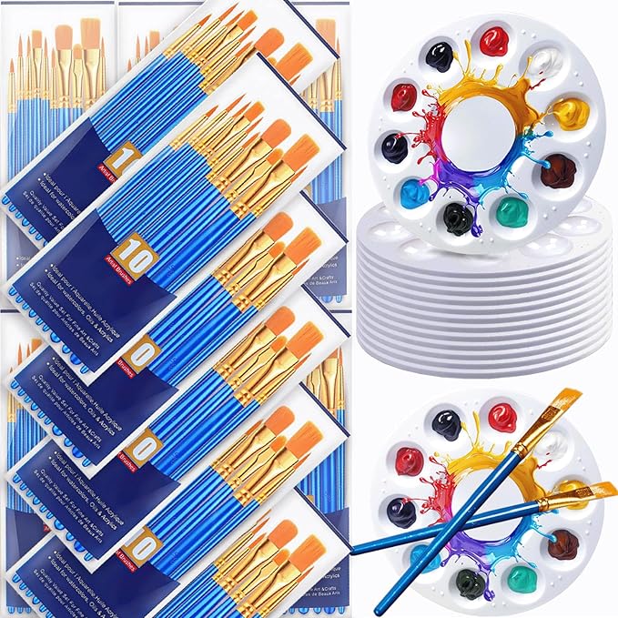 132PCS Valued Paint Brushes and Palettes Set，12Pack of 120PCS Paint Brushes Bulk, 12 Paint Paint Trays, Artist Acrylic Brushes Nylon Brush Head, Suitable for All Purpose Oil Watercolor Painting Set