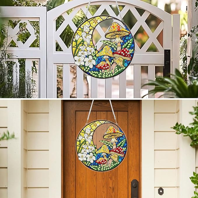 MXJSUA Moon Flower Mushroom Diamond Painting Art Window Suncatchers, Diamond Art Kits for Adults Hanging Ornaments with Chain, 5D Special Shape Crystal Diamond Pendant Accessories for Decor Gift