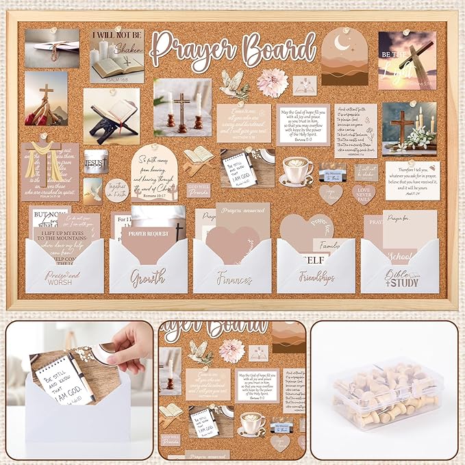 Prayer Board Kit Stickers - 162 Pcs Prayer Board Supplies with Pins Envelope Bible Verse Quotes Cards, Motivational Brown Scrapbook Stickers, Bible Study Supplies (Not Including Board)