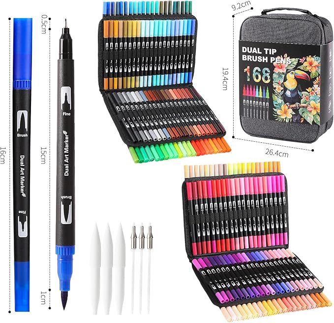 Dual Tip Markers, Brush Art Markers Set with Fine Tip and Brush Tip for Adult Coloring Book, Hand Lettering, Calligraphy & Drawing, Professional Art Supplies Kit for Adults (168 Colors)