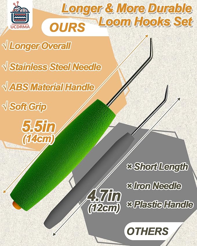 UCDRMA Knitting Loom Hook with Soft Grip, More Comfortable Loom Knitting Hook for Arthritic Hands, 6PCS Longer Loom Crochet Hooks (5.5in) Stainless Steel Yarn Loom Hooks with 12 Sewing Needles (L)