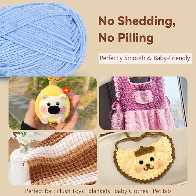 Skinny Chenille Yarn for Crocheting - 6 Pack of 50g/1.76oz - Soft Thin Chenille Yarn - Baby Weights CYC #2, Gentle for Baby Blankets, Plush Toys & Wearables - 951yd Total (Camel Beige)