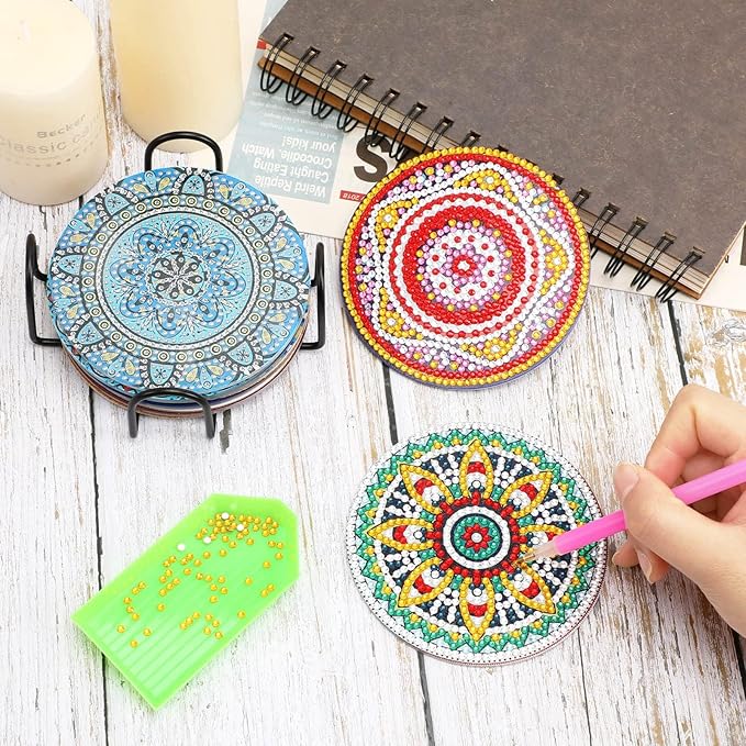 UPINS 8Pcs Mandala Diamond Art Painting Art Coasters Kits with Holder, Diamond Art Non Slip Coaster Kits DIY with Holder Crafts for Adults Diamond Art Painting Kits Supplies for Christmas Gift