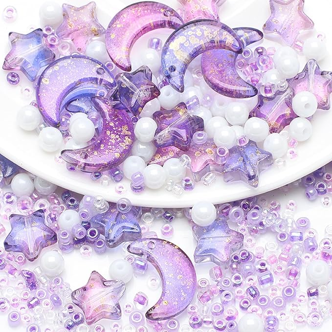 Mixed Star Moon Crystal Glass Beads Seedbeads Loose Round Pearl Beads for Jewelry Making Craft Bracelets Necklaces Earrings DIY Crafts Projects Purple Glass Spacer Bead Kits for Crafts
