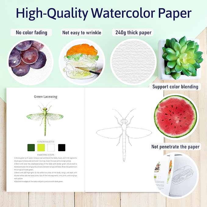 Watercolor Workbook Creative Insect Water color Paint Book Set with Paints & Brush, 12 Patterns of Original DIY Designs, Beginner-Friendly Adult Coloring Books (Insect)