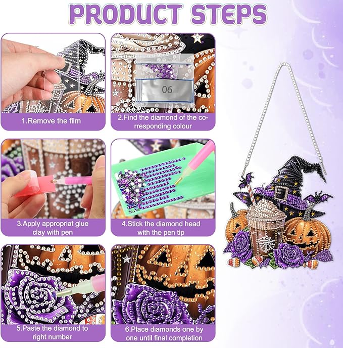 RICUVED Diamond Art Hanging Kit for Adult, Halloween Special Shaped Crystal Gem Craft Diamond Painting Pendant Kits for Adults Beginners, Pumpkin DIY Hanging Art Ornament Kit for Home Garden