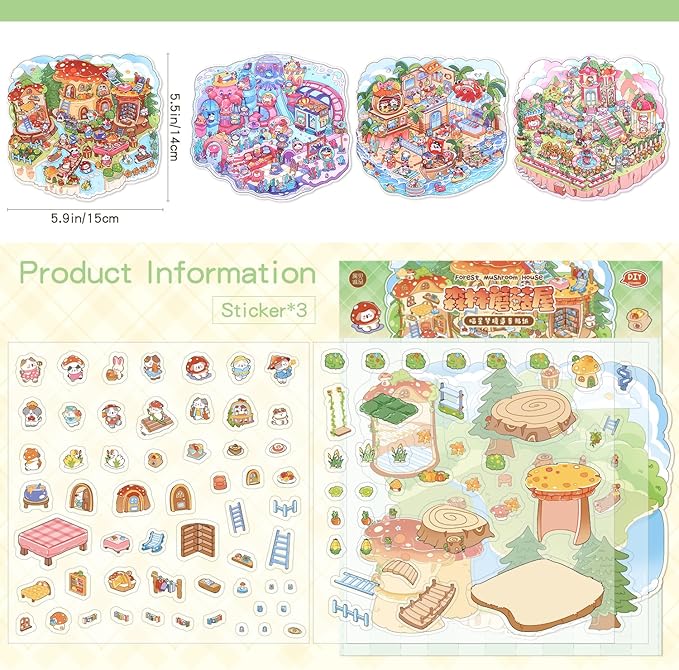 4 Sets DIY 3D House Scene Stickers, Forest Mushroom House, Deep Sea Park，Pardise Garden，Island Park Make Your Own Cute Fun Stacking Miniature Cartoon for Adult Kids Relief Stress Pass The Time