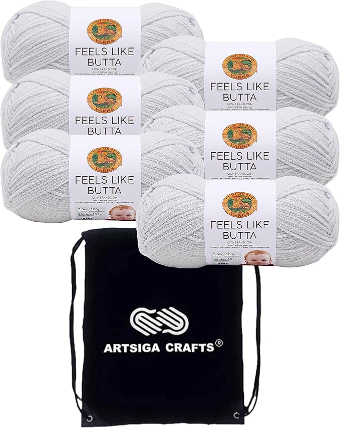 Lion Brand Feels Like Butta Pale Grey 215-149 (6-Skeins - Same Dye Lot) Worsted Medium #4 Polyester Yarn for Crocheting and Knitting with Project Bag