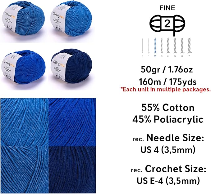 Cotton Yarn Kit - 4 Multicolor Balls Soft Sport Weight Yarn for Crochet & Amigurumi - 50g / 175yds Each & 10 Stitch Markers (H21 - Dark Blue)