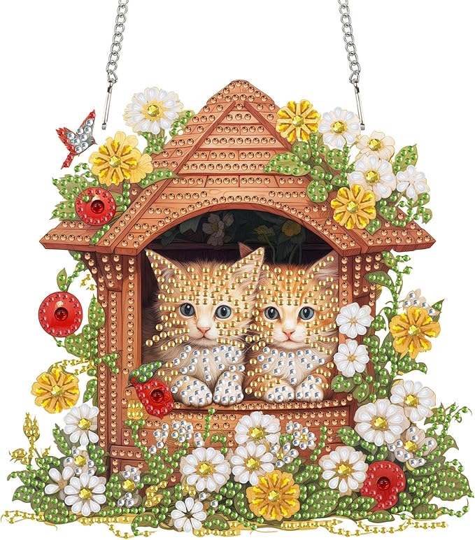 Reofrey Hanging Diamond Art Kits for Adults– 8x8Inch Cats Hanging Ornament Acrylic Board Double Sided Pattern Crystal Diamond Art Suncatcher Pendant, for Home Wall Window Decoration Handmade Gift