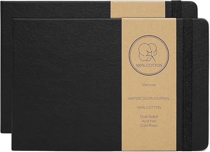 Vienrose Watercolor Sketchbook 2 Pack, 8.25"x5.5" Watercolor Journal with 24 Sheets 48 Pages 140 LB (300 GSM) Cotton Watercolor Paper, Black Leather Cover Water Coloring Sketch Book As Travel Notebook