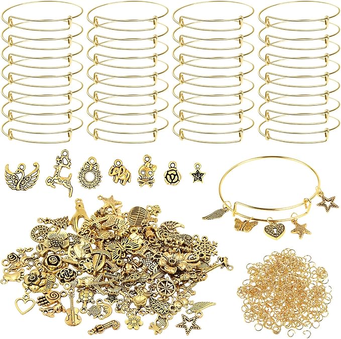 UPINS 30Pcs gold Expandable Blank Bracelets Adjustable Wire Bangles with 100Pcs Tibetan Silver Charms, 200Pcs Open Jump Rings for Jewelry Making