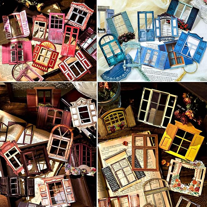 60pcs Textured Cardstock Hollowed Window Frame Stickers for Junk Journals Vintage Cutouts Scrapbook Stickers for Scrapbooking Supplies Clearance Pre-cuts for Journaling Collage Kit Pop-up