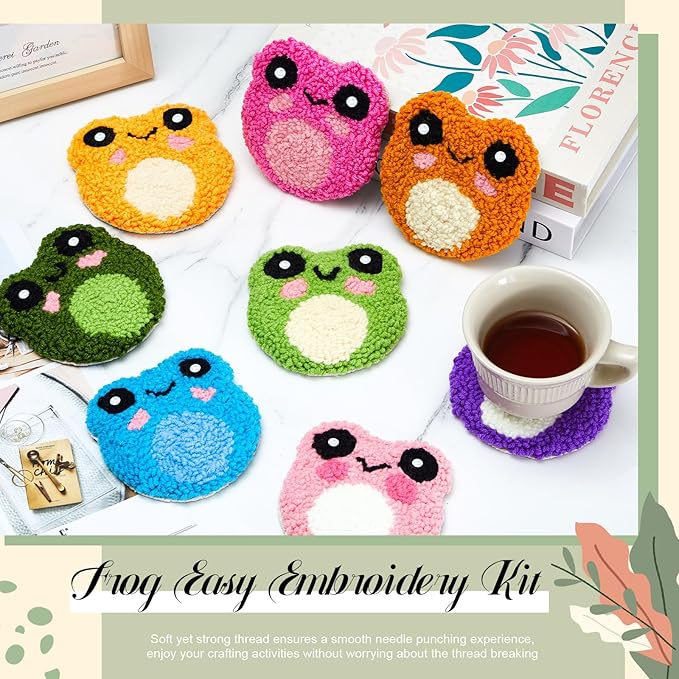 Preboun 8 Pcs Frog Punch Needle Coaster Kit, Punch Needle Embroidery Kits for Adults Beginners, 8 Colors Frog Punch Needle Set Punch Needle Supplies Including Yarns Hoop Tools