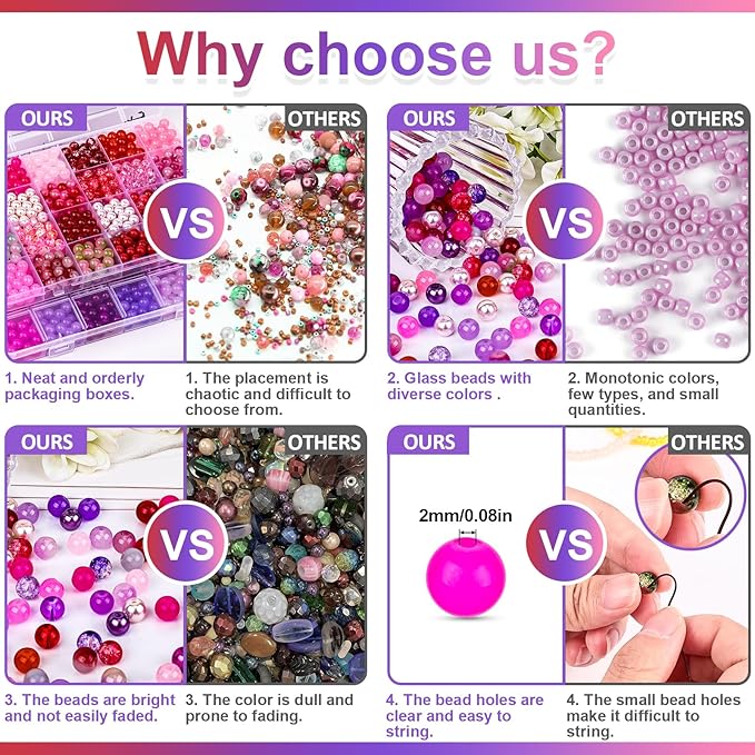XSEINO About 1200PCS 8mm Glass Beads Bracelet Making Kit，48 Assorted Dreamy Red and Purple Series Colorful Crystal Beads for Bracelet and Jewelry Making and DIY Crafts,Friendship Bracelets