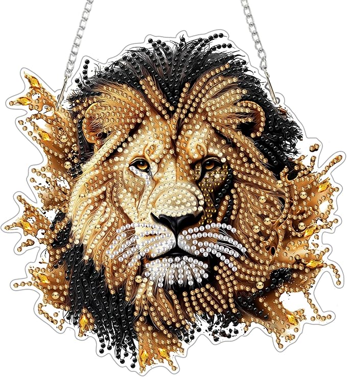Genius maker Lion Diamond Art Hanging Kits for Adults, Animal Diamond Painting Pendant Kits, DIY Acrylic 5D Special Shaped Crystal Diamonds Gem Art Painting Ornament for Home Wall Decor Gift 8x8 Inch