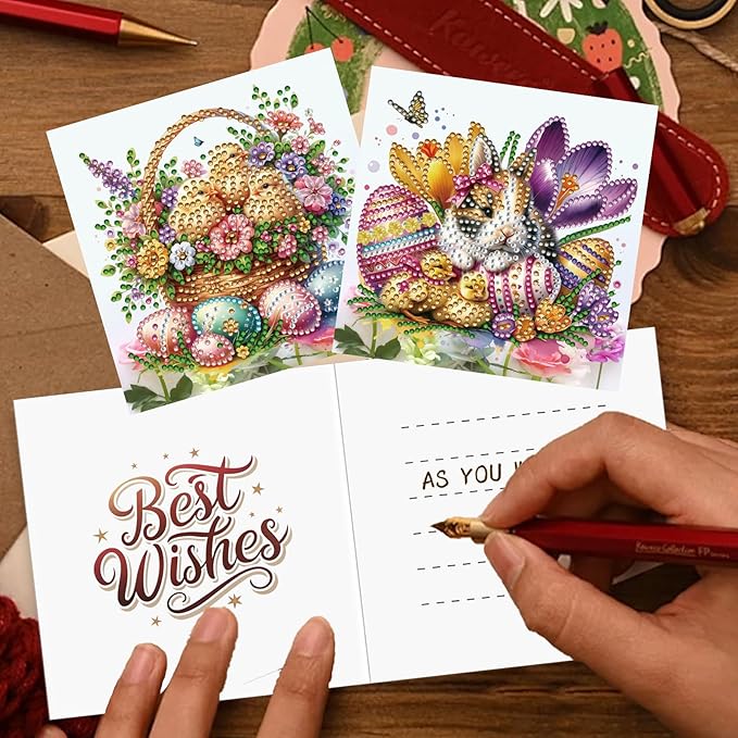 YOKUSHI 12 PCS Easter Diamond Art Painting Greeting Cards, Rabbit Craft DIY Card Making Kits for Adults Gifts (Easter)