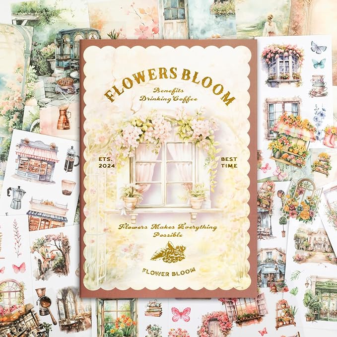 RISYPISY 54 Sheets Scrapbooks Supplies Kit, Precut PET/Washi Stickers, Flower Junk Journal Sticker for Adult Planner DIY Crafts Ephemera Floral Decorative Paper for Scrapbooking