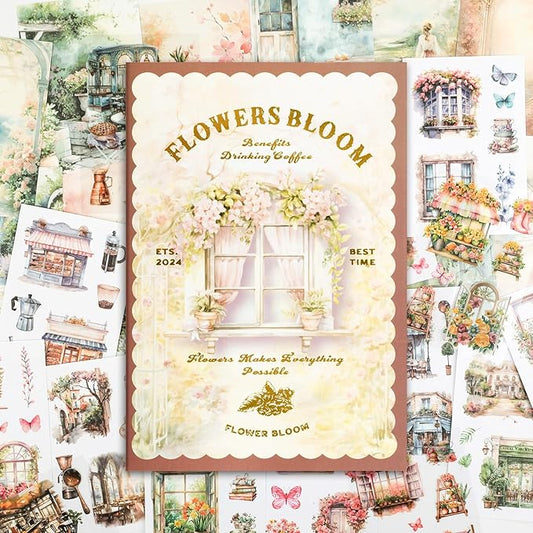 RISYPISY 54 Sheets Scrapbooks Supplies Kit, Precut PET/Washi Stickers, Flower Junk Journal Sticker for Adult Planner DIY Crafts Ephemera Floral Decorative Paper for Scrapbooking