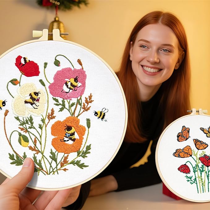 Flowers Embroidery Kits for Beginners Adults, Butterfly Hand Embroidery Starter Kits, Bee Cross Stitch Kits for Beginner Needlepoint DIY Kits for Adult, 2 Set Embroidery Hoops, Thread & Video Tutorial