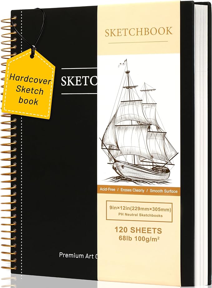 9 x 12 inches Hardcover Sketchbook for Drawing 120 Sheets Spiral Bound Sketch Pad Premium Art Sketchbook Artistic Drawing Painting Writing Paper(68lb/100gsm) for Kids Adults Beginners Artists, Black