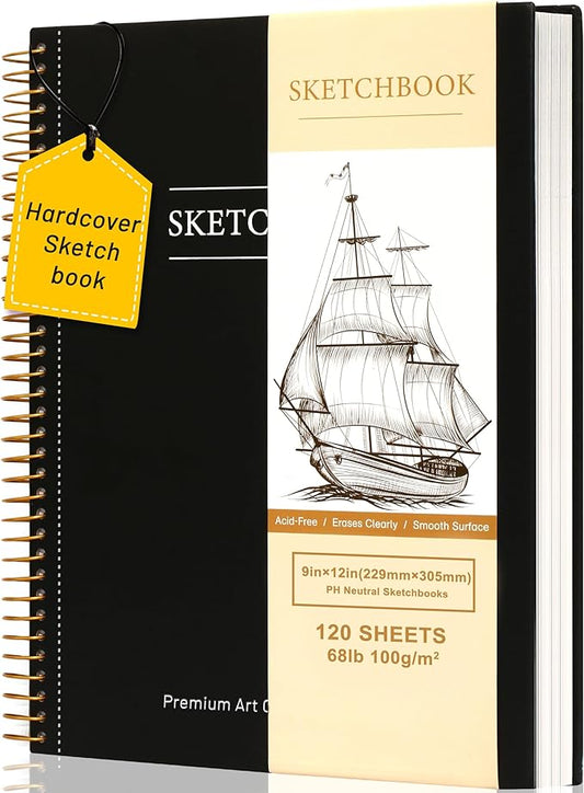 9 x 12 inches Hardcover Sketchbook for Drawing 120 Sheets Spiral Bound Sketch Pad Premium Art Sketchbook Artistic Drawing Painting Writing Paper(68lb/100gsm) for Kids Adults Beginners Artists, Black